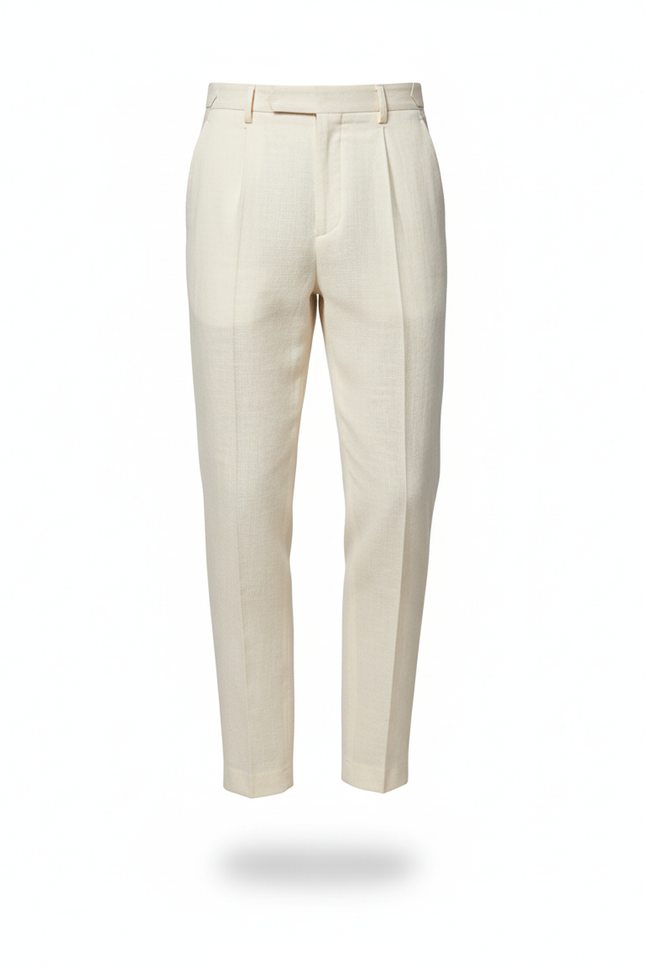 Pantalon En Lin Crème Plissé Droit Élégant Homme - Beige - vue 3