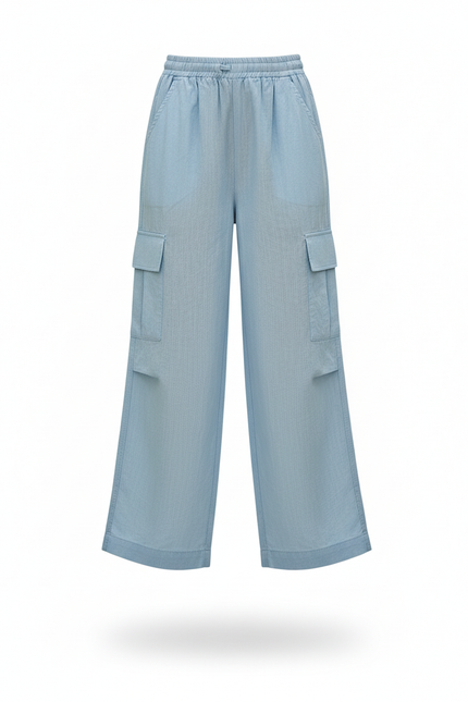 Pantalon En Lin Bleu Cargo Ample Fille Décontracté - vue 3