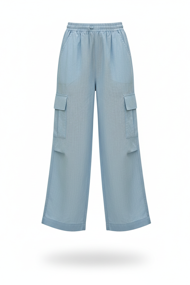 Pantalon En Lin Bleu Cargo Ample Fille Décontracté - vue 3