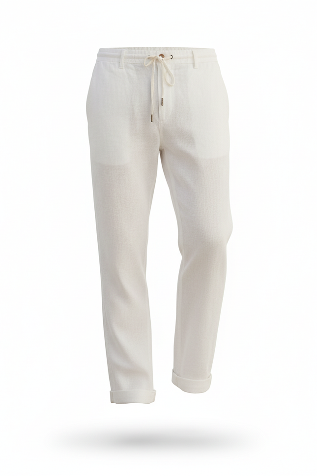 Pantalon En Lin Homme Blanc Ample Décontracté Cordon - vue 3