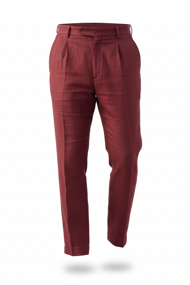 Pantalon En Lin Bordeau Plissé Droit Élégant Homme - Bordeaux - vue 3