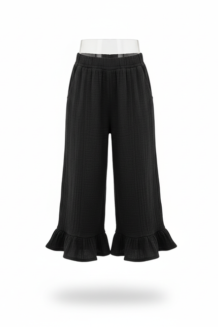 Pantalon En Lin Noir Ample Volants Fille Confortable - vue 3