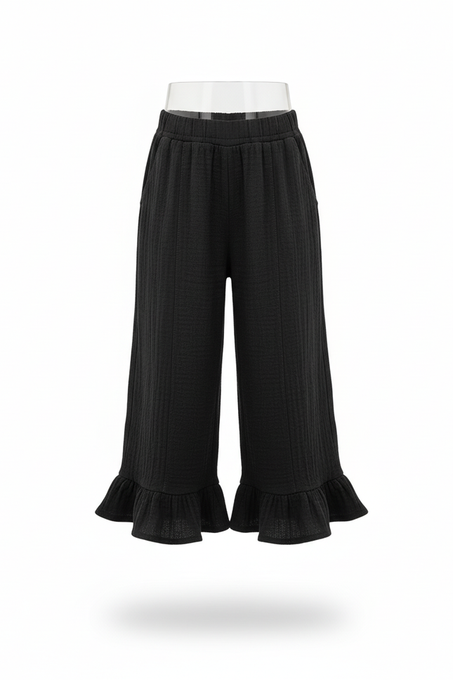 Pantalon En Lin Noir Ample Volants Fille Confortable - vue 3