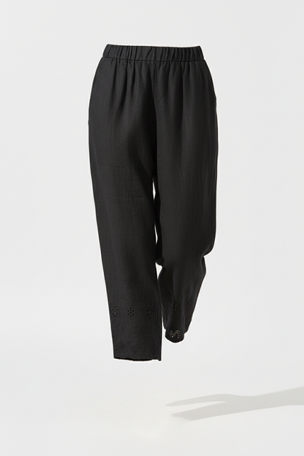 Pantalon En Lin Noir Ample Brodé Décontracté Femme - vue 3