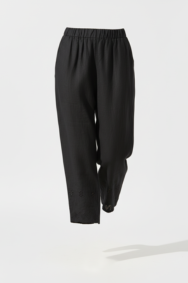 Pantalon En Lin Noir Ample Brodé Décontracté Femme - vue 3