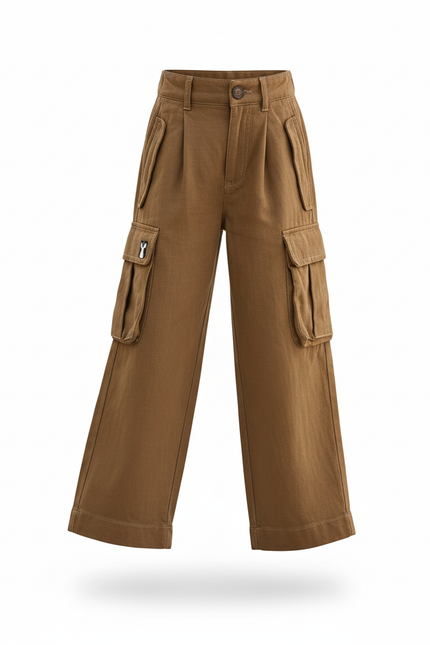 Pantalon En Lin Cargo Marron Ample Décontracté Enfant - vue 3