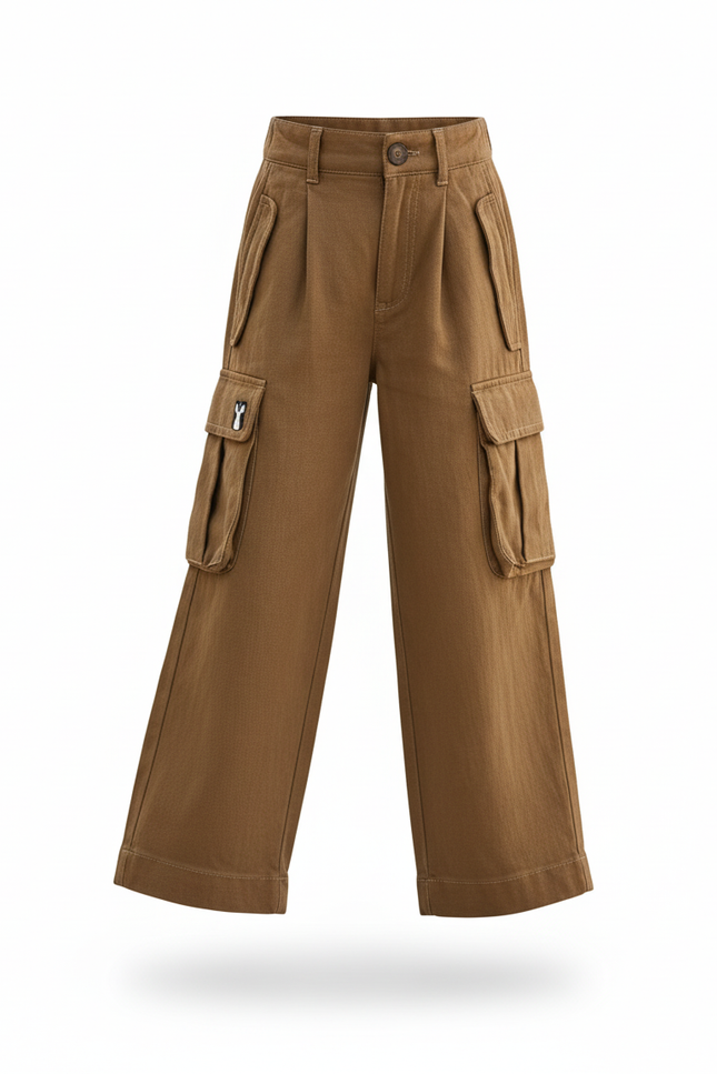 Pantalon En Lin Cargo Marron Ample Décontracté Enfant - vue 3