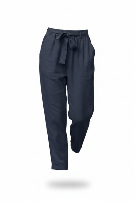 Pantalon En Lin Bleu Marine Ample Taille Haute Décontracté - vue 3