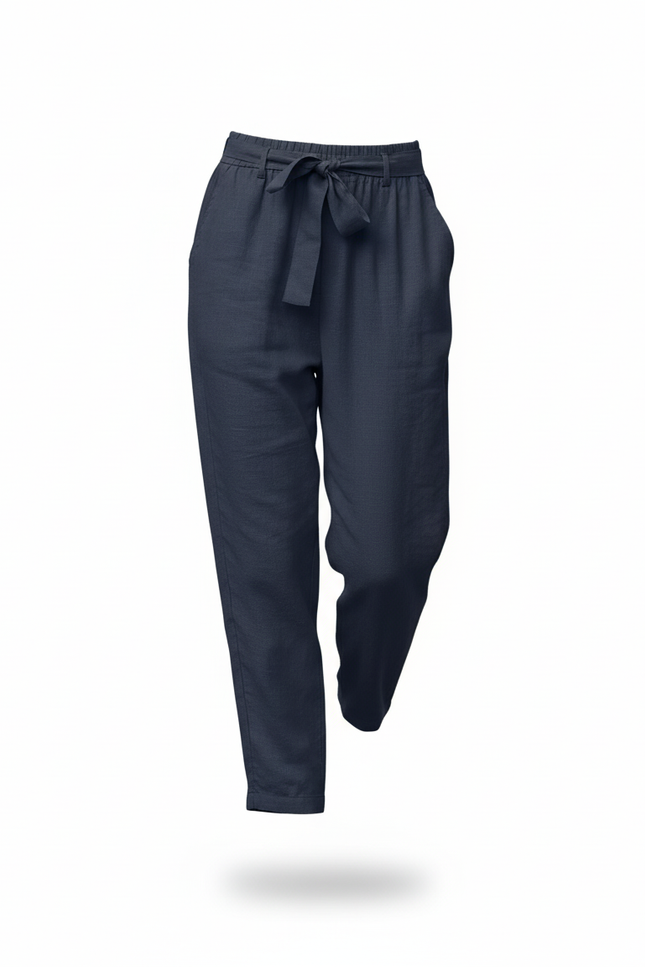 Pantalon En Lin Bleu Marine Ample Taille Haute Décontracté - vue 3