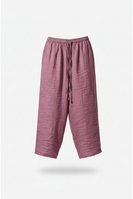 Pantalon En Lin Violet Ample Cordon Décontracté - vue 3