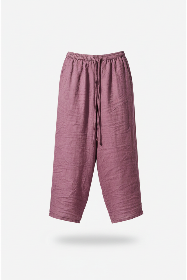 Pantalon En Lin Violet Ample Cordon Décontracté - vue 3