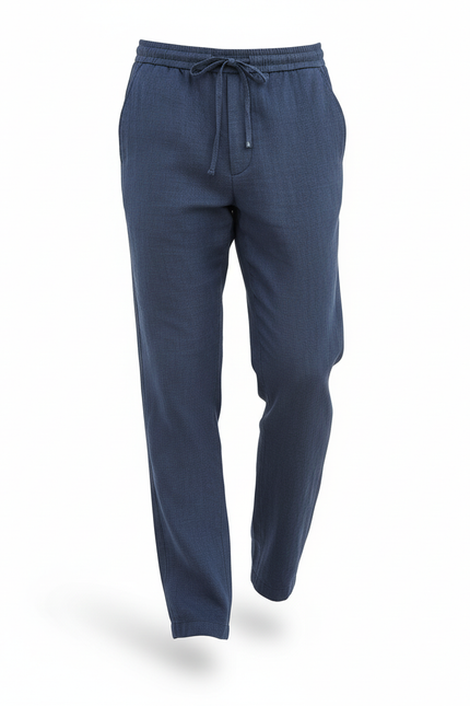 Pantalon En Lin Bleu Marine Cordon Droit Décontracté Homme - vue 3