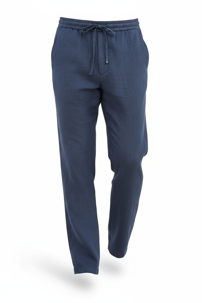Pantalon En Lin Bleu Marine Cordon Droit Décontracté Homme - vue 3