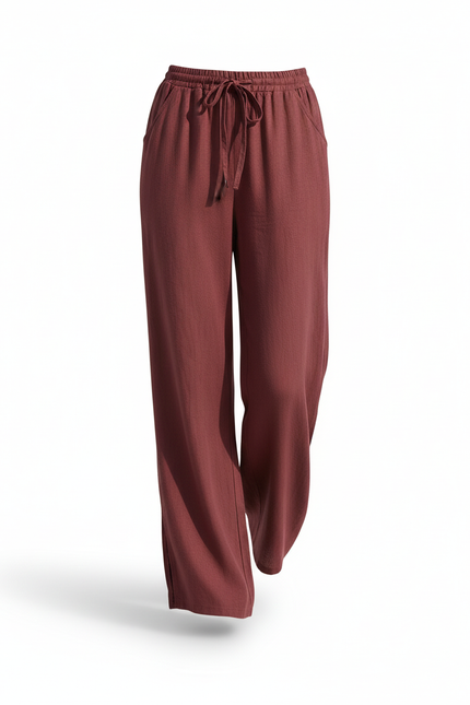 Pantalon En Lin Rouge Brique Ample Fluide Décontracté - Bordeaux - vue 3