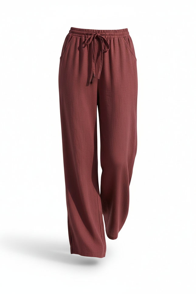 Pantalon En Lin Rouge Brique Ample Fluide Décontracté - Bordeaux - vue 3