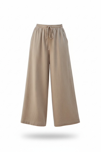 Pantalon En Lin Ample Beige Cordon Décontracté Femme - vue 3