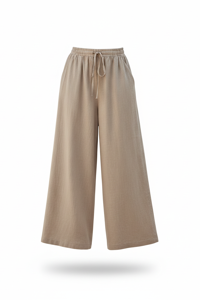 Pantalon En Lin Ample Beige Cordon Décontracté Femme - vue 3