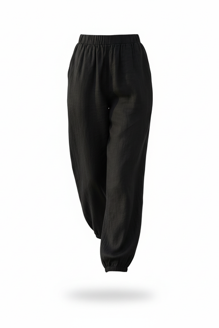 Pantalon En Lin Noir Ample Fluide Taille Élastique - vue 3