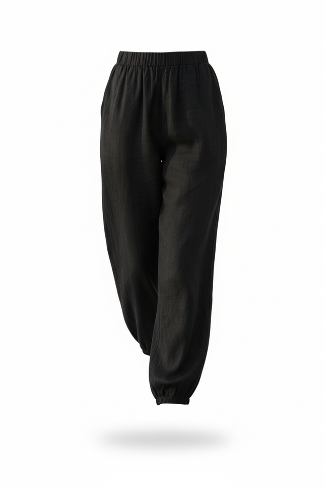 Pantalon En Lin Noir Ample Fluide Taille Élastique - vue 3