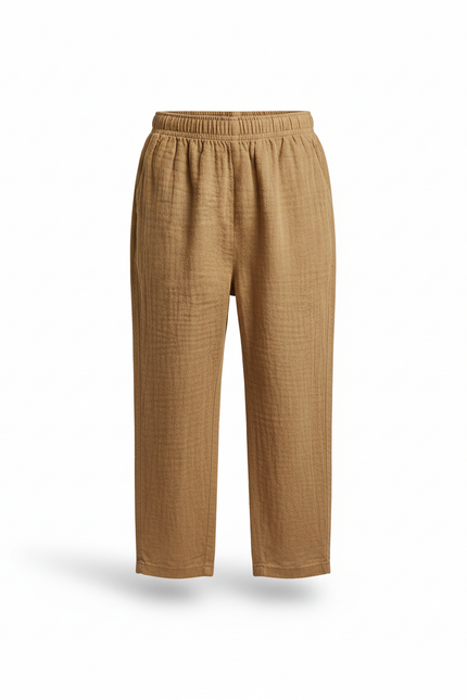 Pantalon En Lin Enfant Ample Marron Plissé Décontracté - Camel - vue 3
