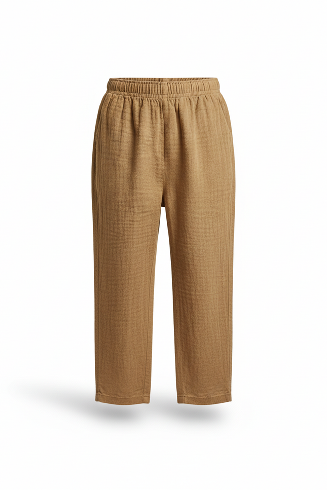 Pantalon En Lin Enfant Ample Marron Plissé Décontracté - Camel - vue 3