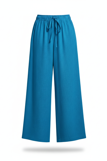Pantalon En Lin Bleu Ample Fluide Taille Haute - vue 3