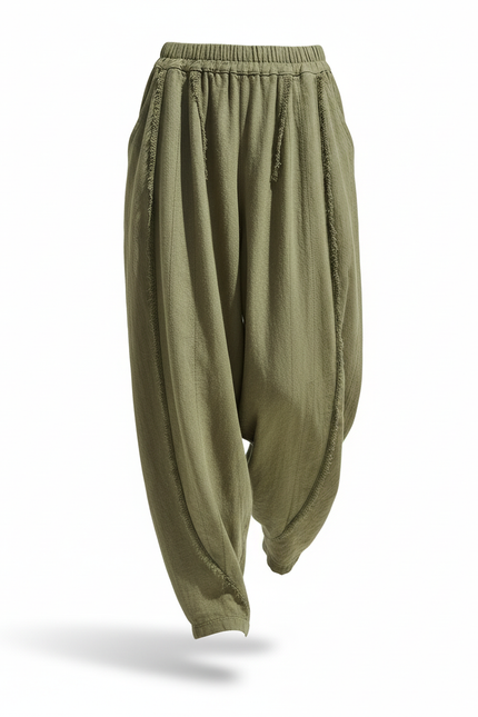 Pantalon En Lin Vert Ample Texturé Taille Élastique - Kaki - vue 3