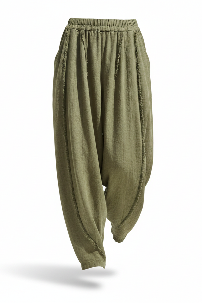 Pantalon En Lin Vert Ample Texturé Taille Élastique - Kaki - vue 3
