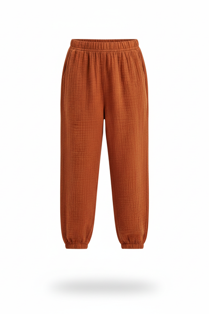 Pantalon En Lin Enfant Ample Confortable Marron Plissé - vue 3