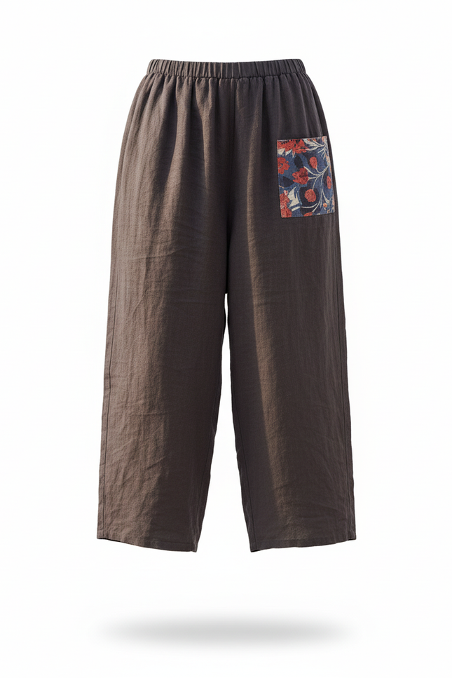 Pantalon En Lin Gris Ample Décontracté Patchwork Floral - vue 3