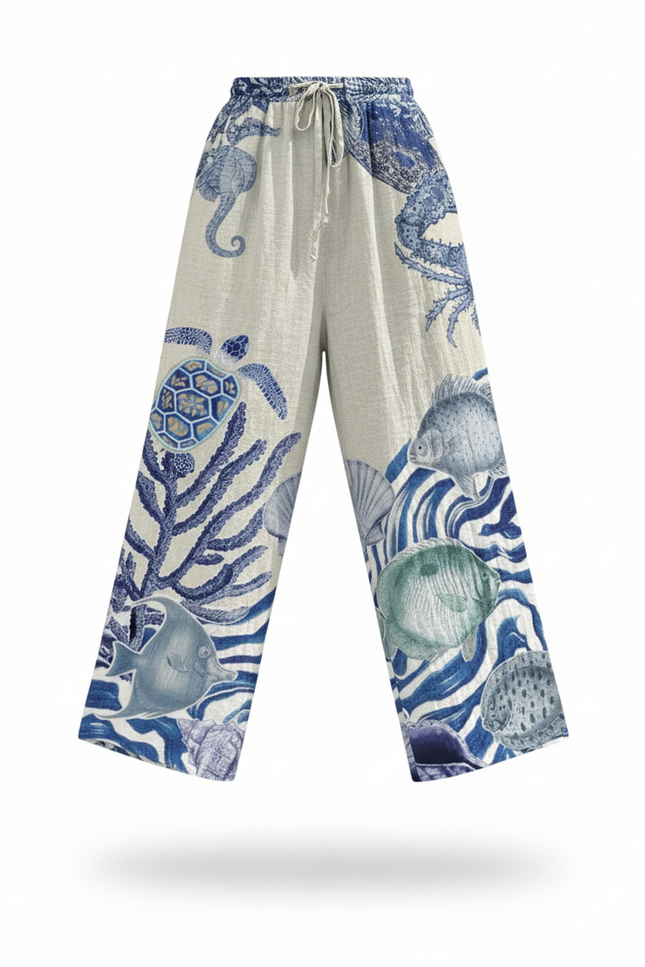 Pantalon En Lin Ample Imprimé Marin Bleu Décontracté - vue 3