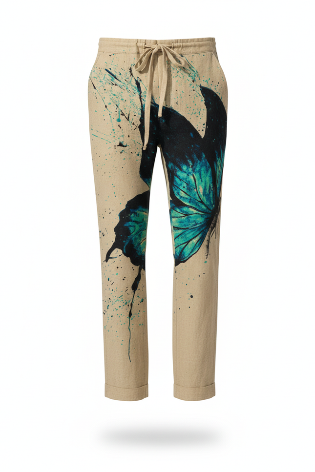 Pantalon En Lin Beige Ample Papillon Bleu Homme - vue 3