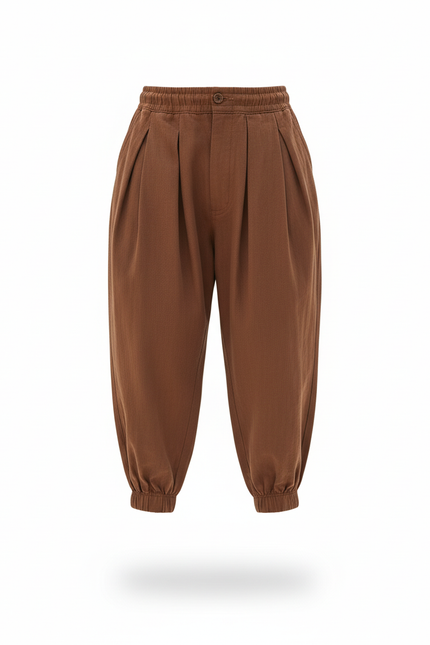 Pantalon En Lin Marron Ample Plissé Décontracté Garçon - vue 3