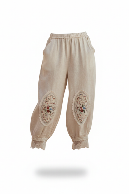 Pantalon En Lin Harem Brodé Ample Beige Femme - vue 3