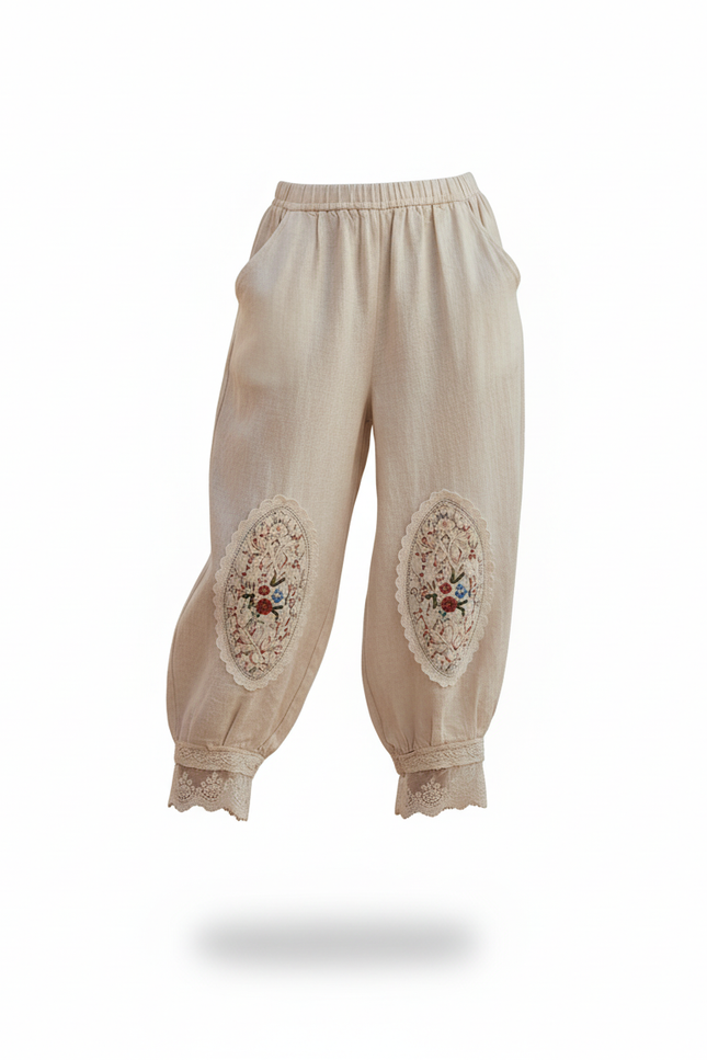 Pantalon En Lin Harem Brodé Ample Beige Femme - vue 3