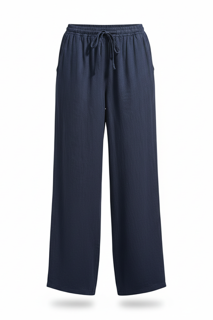 Pantalon Lin Taille Elastique Femme - Marine - vue 3