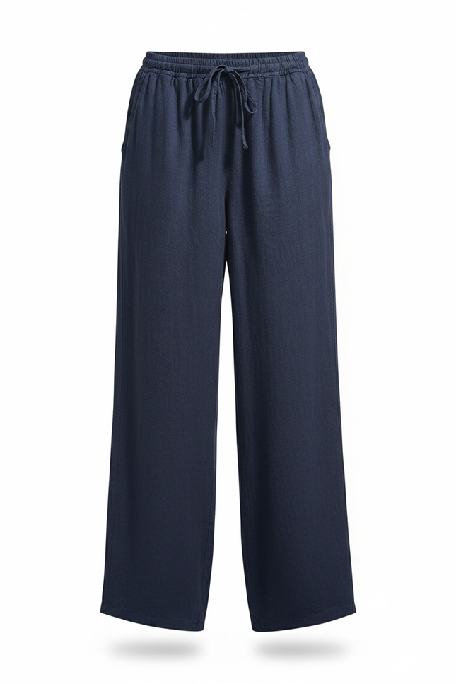 Pantalon Lin Taille Elastique Femme - Marine - vue 3