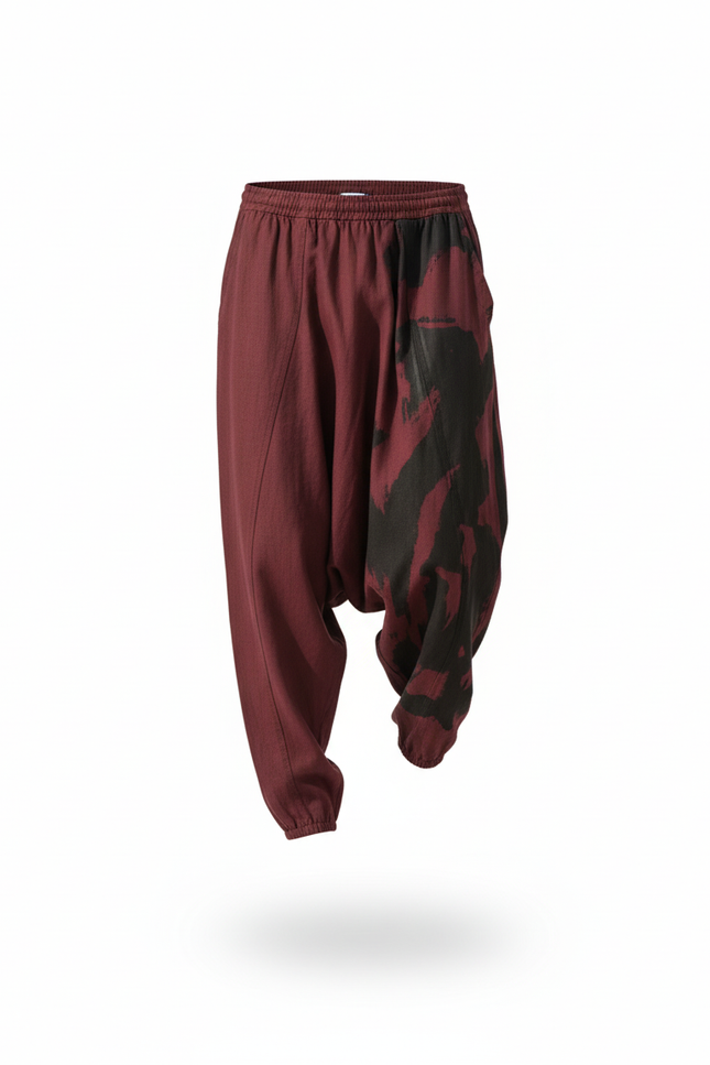 Pantalon En Lin Harem Bordeaux Imprimé Homme Décontracté - vue 3