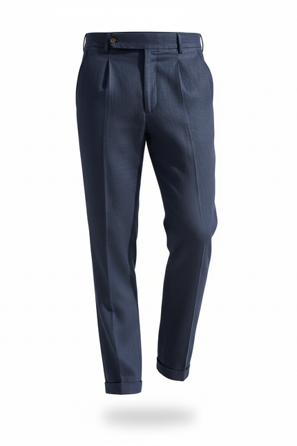 Pantalon En Lin Bleu Marine Plissé Élégant Droit Homme - vue 3
