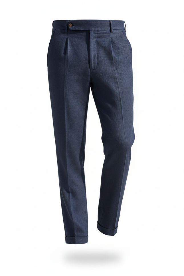 Pantalon En Lin Bleu Marine Plissé Élégant Droit Homme - vue 3