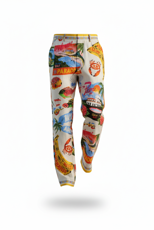Pantalon En Lin Imprimé Multicolore Ample Décontracté Estival - vue 3