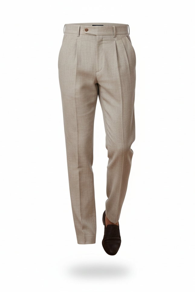 Pantalon En Lin Plissé Beige Droit Élégant Homme - vue 3