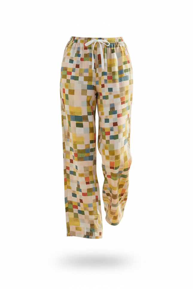 Pantalon En Lin Carreaux Multicolores Ample Estival Fluide - vue 3