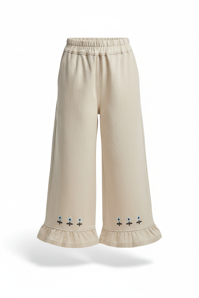 Pantalon En Lin Écru Volants Brodés Fille Ample - Beige - vue 3
