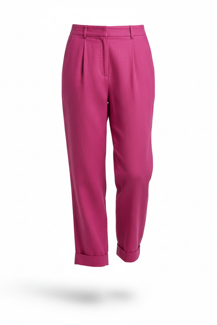 Pantalon En Lin Fuchsia Ample Taille Haute Fluide Femme - Rose - vue 3