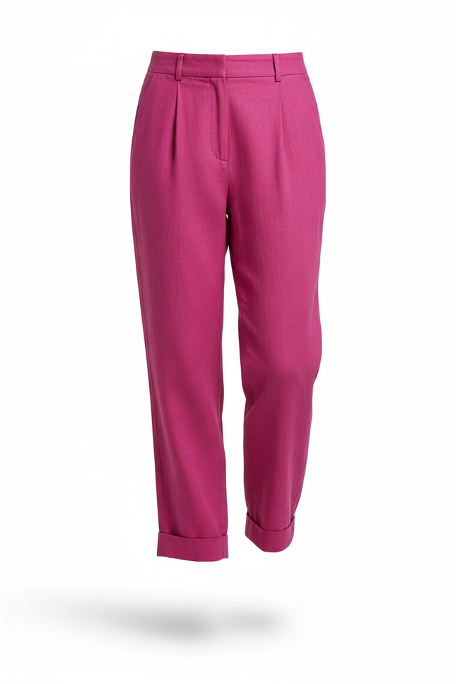Pantalon En Lin Fuchsia Ample Taille Haute Fluide Femme - Rose - vue 3