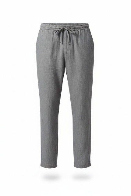 Pantalon En Lin Gris Droit Léger Cordon Confortable - vue 3