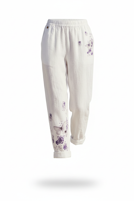 Pantalon En Lin Blanc Imprimé Papillons Ample Décontracté - vue 3