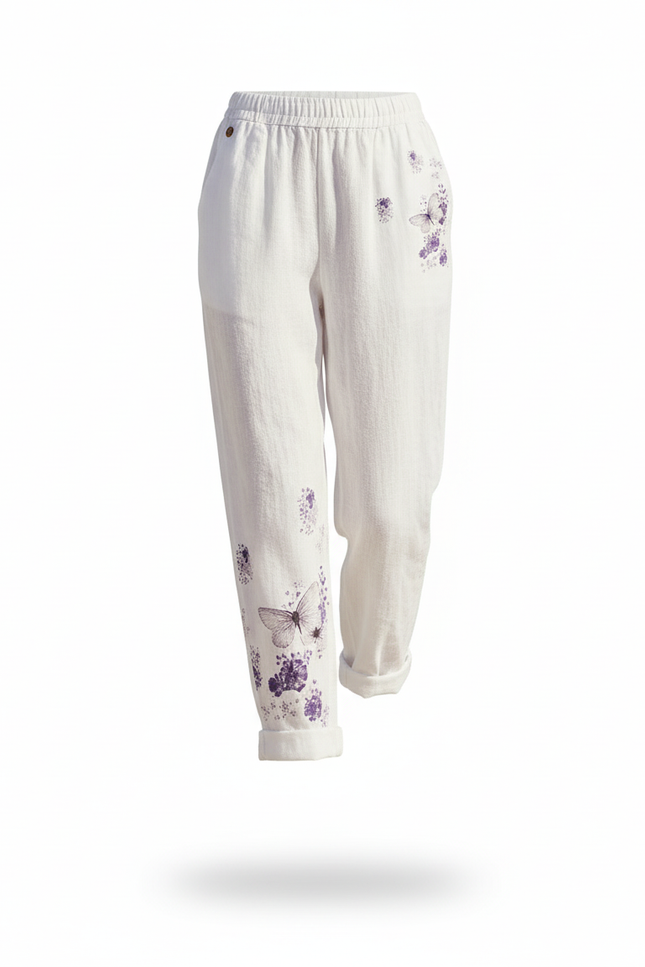 Pantalon En Lin Blanc Imprimé Papillons Ample Décontracté - vue 3