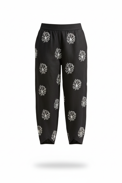Pantalon En Lin Noir Ample Motif Floral Décontracté - vue 3